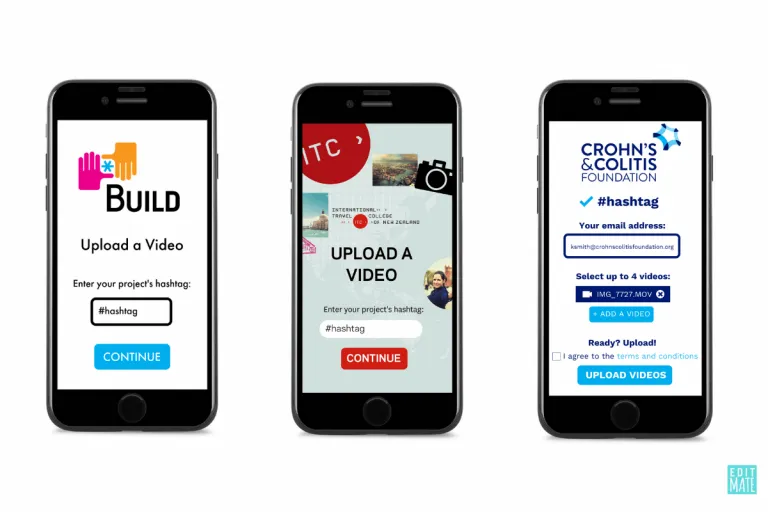 Three cell phones with branded video upload pages.