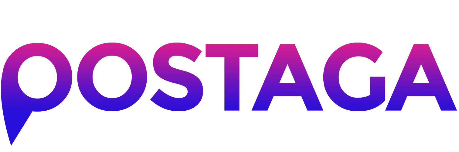 Postaga logo in purple and bink lettering on a transparent background.